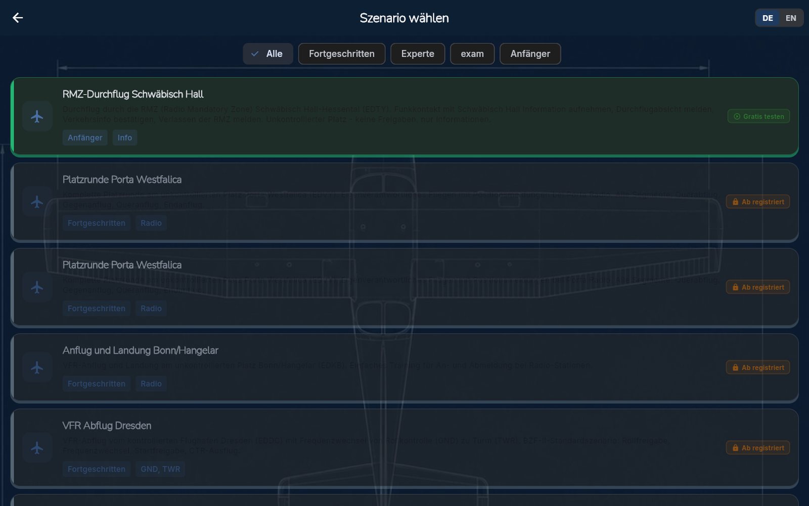 Liste der Szenarien mit Schwierigkeitsfilter, oben das frei spielbare RMZ-Durchflug Schwäbisch Hall